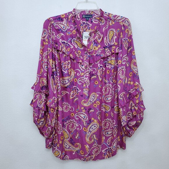 Democracy Button-front Women's Swirling Paisley Romantic Ruffle Shirt Size 2X - Picture 1 of 11
